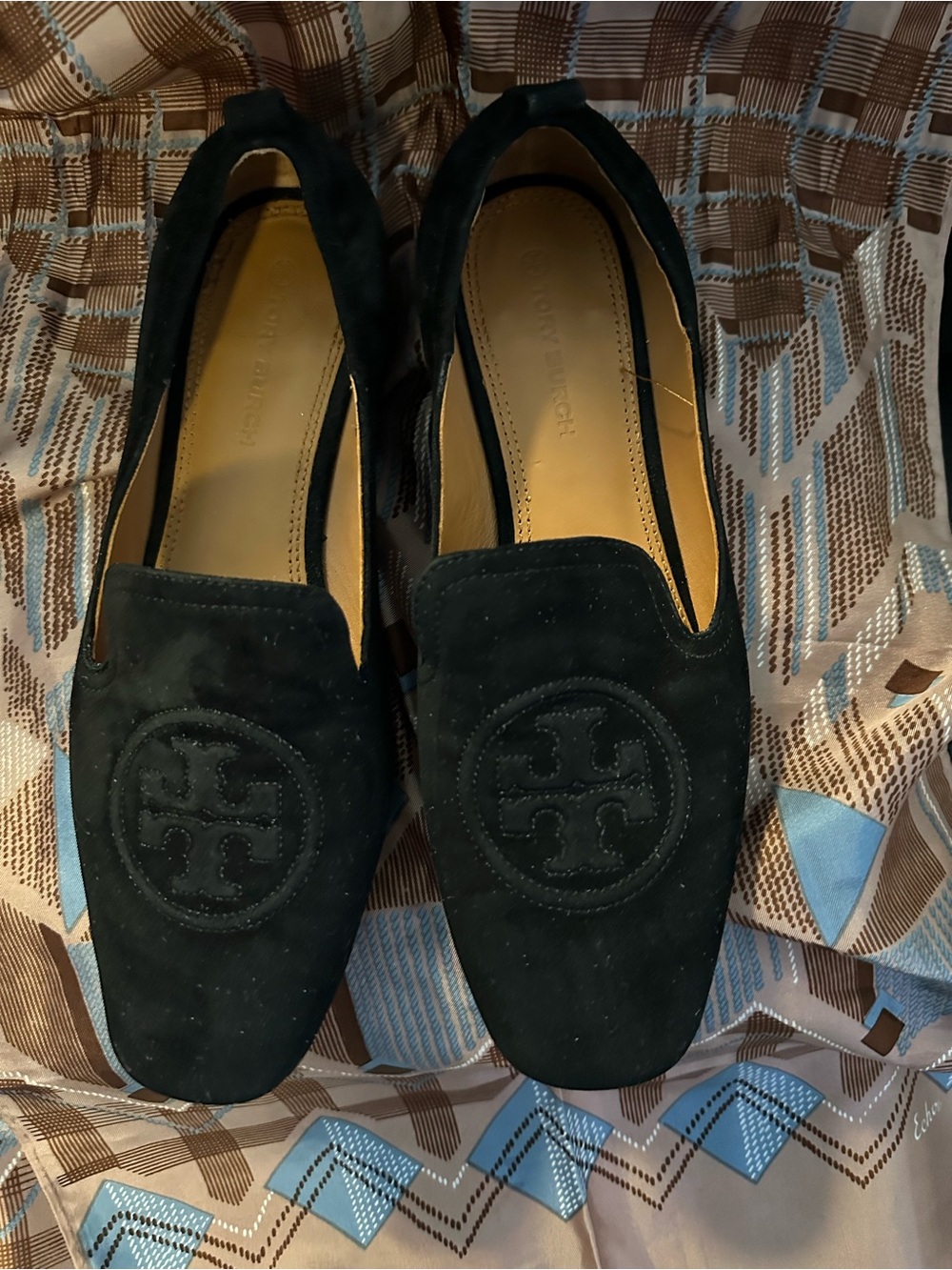 Tory Burch Black Suede Logo Slip-On Loafers